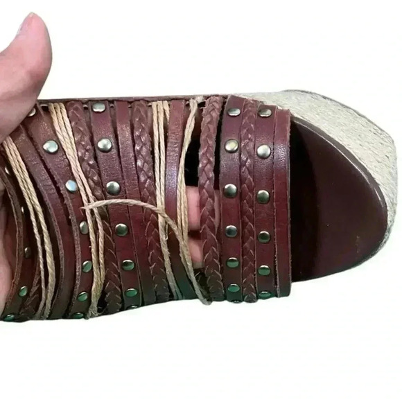 STEVEN by Steve Madden Wedge Sling Back Leather Braided Rope Stud Detail Shoe - Picture 13 of 14